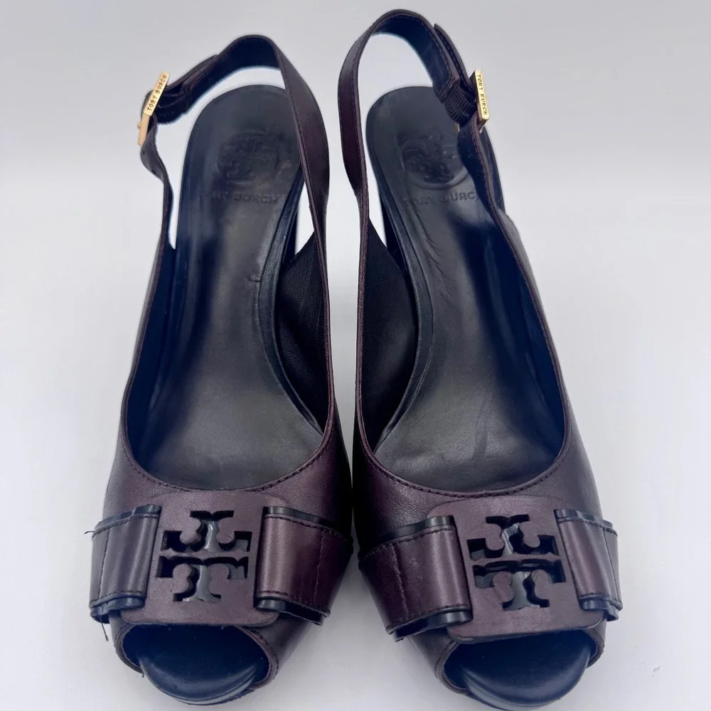 Tory Burch Dark Brown Leather Peep Toe 8M Slingback Block Heel Pumps
